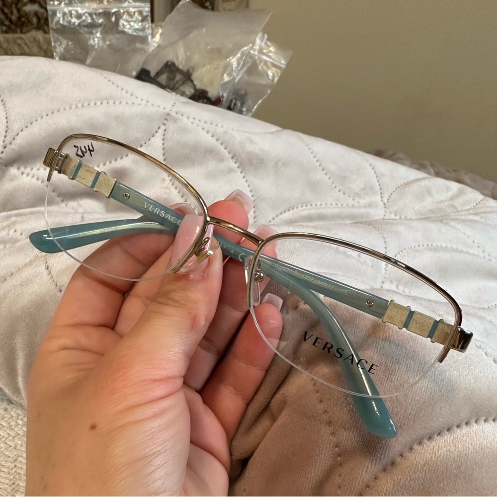 Versace light blue / teal and gold rimless prescription frames with rhinestones